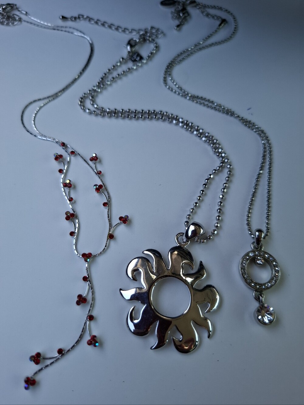Cookie Lee Vintage Silvertone Necklace Bundle 3 Piece Lot Sun Red Crystal
